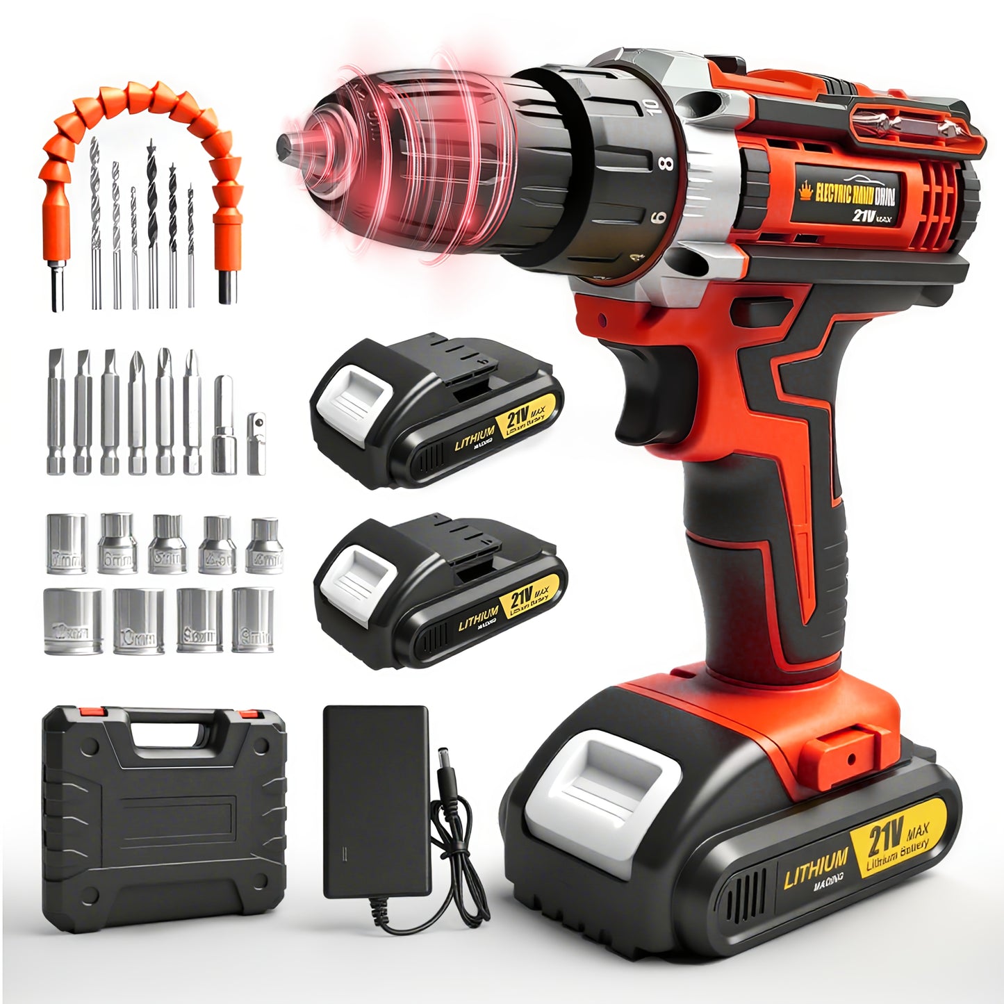 Lithium-Ion Cordless Drill Set with Battery & Charger – 3/8" Keyless Chuck, Variable Speed, 16-Position Clutch & 24 Drill Bits | Home & Automotive Power Tool | Red, Yellow or Blue | ShopVora CA