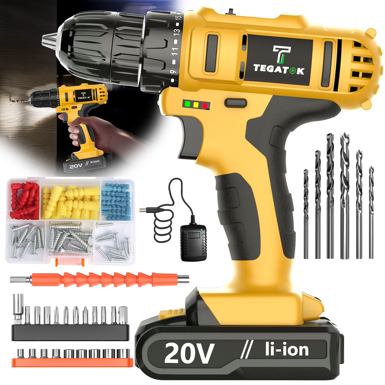 20V Cordless Drill Tool Set with Speed & Torque Adjustment – 2-in-1 Drill & Electric Screwdriver for Home Improvement, Industrial Use, Concrete Walls, Wood & Metal Drilling and Screw Tightening