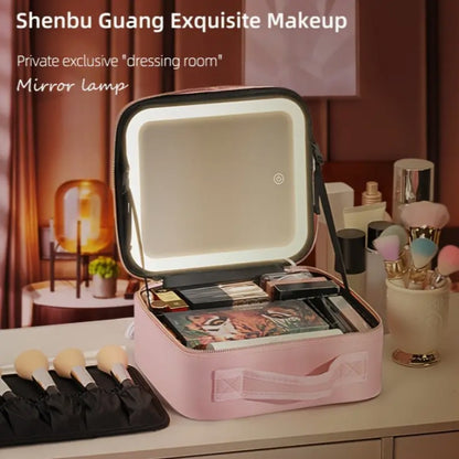LED Lighted Makeup Bag with Mirror – Travel Cosmetic Train Case Organizer with 3-Tone Light, Adjustable Divider & Brush Board for Women – Perfect Christmas, Birthday & Holiday Gift