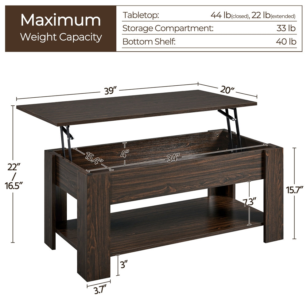 ALDEN DESIGN Coffee Table, 38 in Lift Top Coffee Table with Hidden Compartment & Open Shelf, Space-saving Coffee Table for Small Apartment, Living Room, Reception Room, Office, White/Black/Gray/Rustic Brown/Espresso