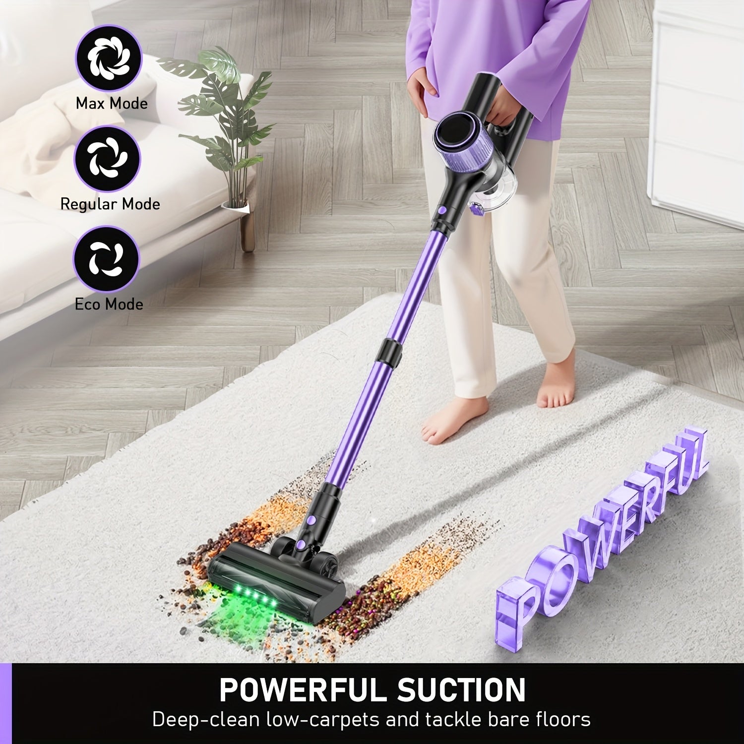 High Suction Power Home Cordless Vacuum Cleaner, 10-in-1 Lightweight Rechargeable Vacuum Cleaner, 3 Suction Modes, Long Battery Life, with Upgraded Extra-long Hose, Anti-tangle Brushes, Green LED Light for Hard Floors, Blankets And Pet Hair Cleaning.