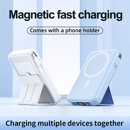 10000mAh Magnetic Power Bank with Digital Screen & Built-in Dual Cables - Charge 5 Devices Simultaneously, Portable USB Fast Charging Battery Pack with Stand, Compatible with iPhone 15 Pro Max iPad