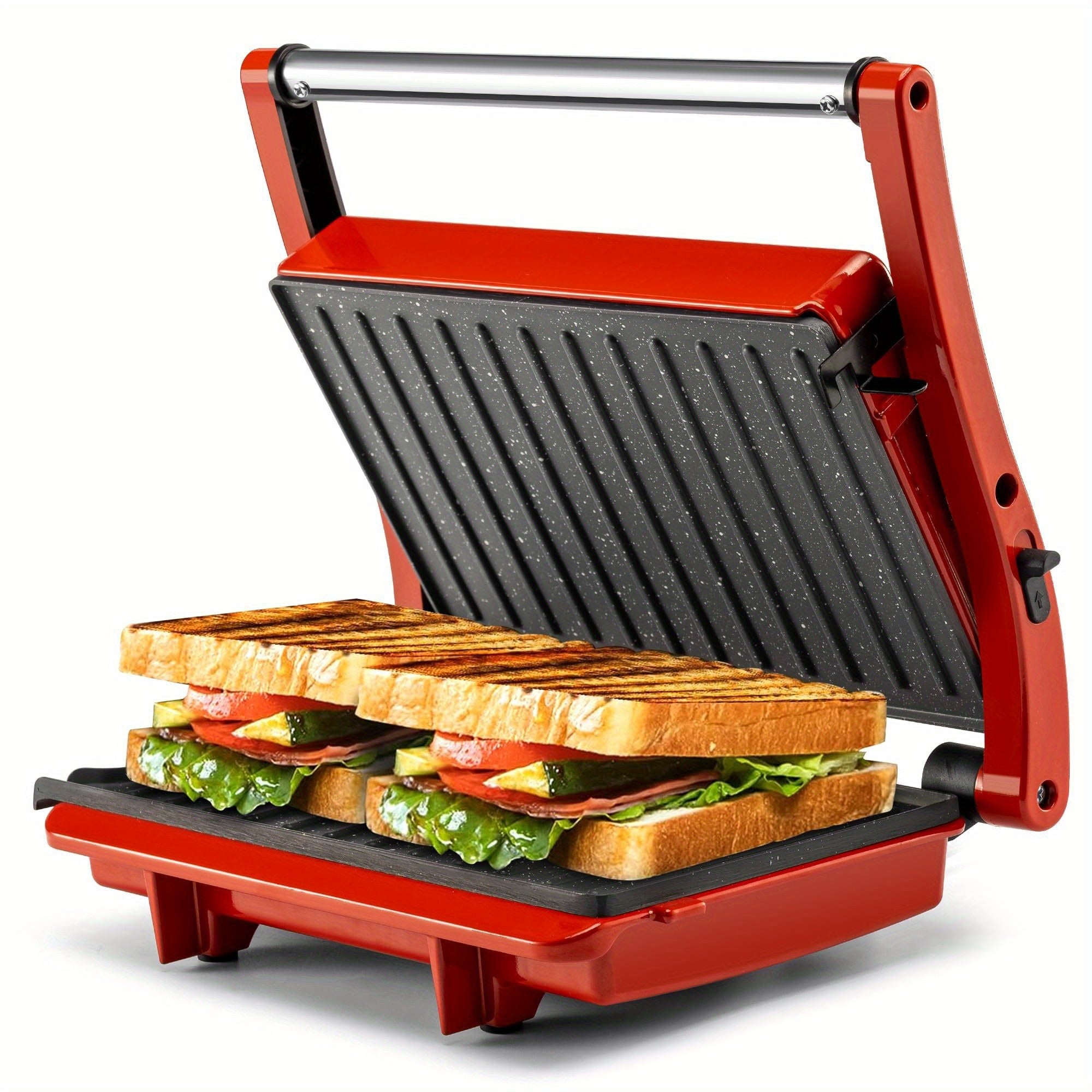 Electric Contact Grill 3-in-1 Indoor Panini Press & Sandwich Maker with Non-Stick Stainless Steel Plates, 180° Opening, Floating Hinge, Grease Tray & Preheat Indicator – Compact Countertop Grill for Burgers, Steaks & Wraps