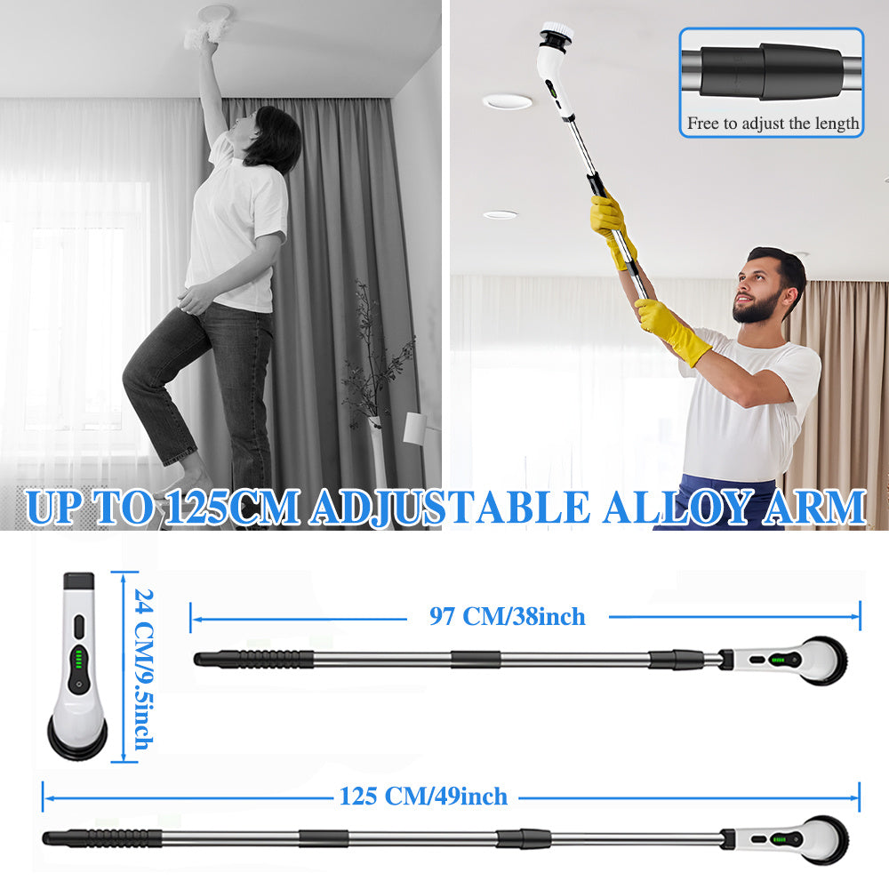 Cordless Electric Spin Scrubber – 9 Replaceable Brush Heads, Extendable Alloy Arm to 125cm, Dual Speed, for Floors, Bathrooms, Bathtubs & Car Cleaning