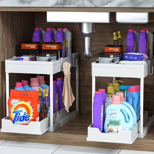 2-Layer Under-Sink Cabinet Organizer with Sliding Drawers, Hooks & Storage Cups – Bathroom & Kitchen Utility Rack, 1 or 2 Pack, Black & White | ShopVora CA