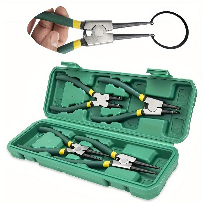 4-Piece Snap Ring Pliers Set 7-Inch Chrome Vanadium Steel - Heavy Duty Internal & External Circlip Removal Tool, Right Angle & Straight Bent Tip, Professional C-Clamp Ring Wrench Kit