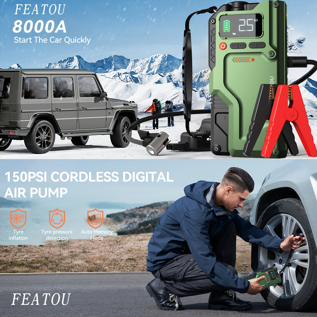 Car Jump Starter, 8000A&6000A Battery Jump Starter With Air Compressor, For Up To 2.64gal Gas And 2.11gal Diesel Engines, 12V Lithium Portable Jump Box Car Battery Jumper Start With LED Light Quick-Charge Battery Charger Power Bank