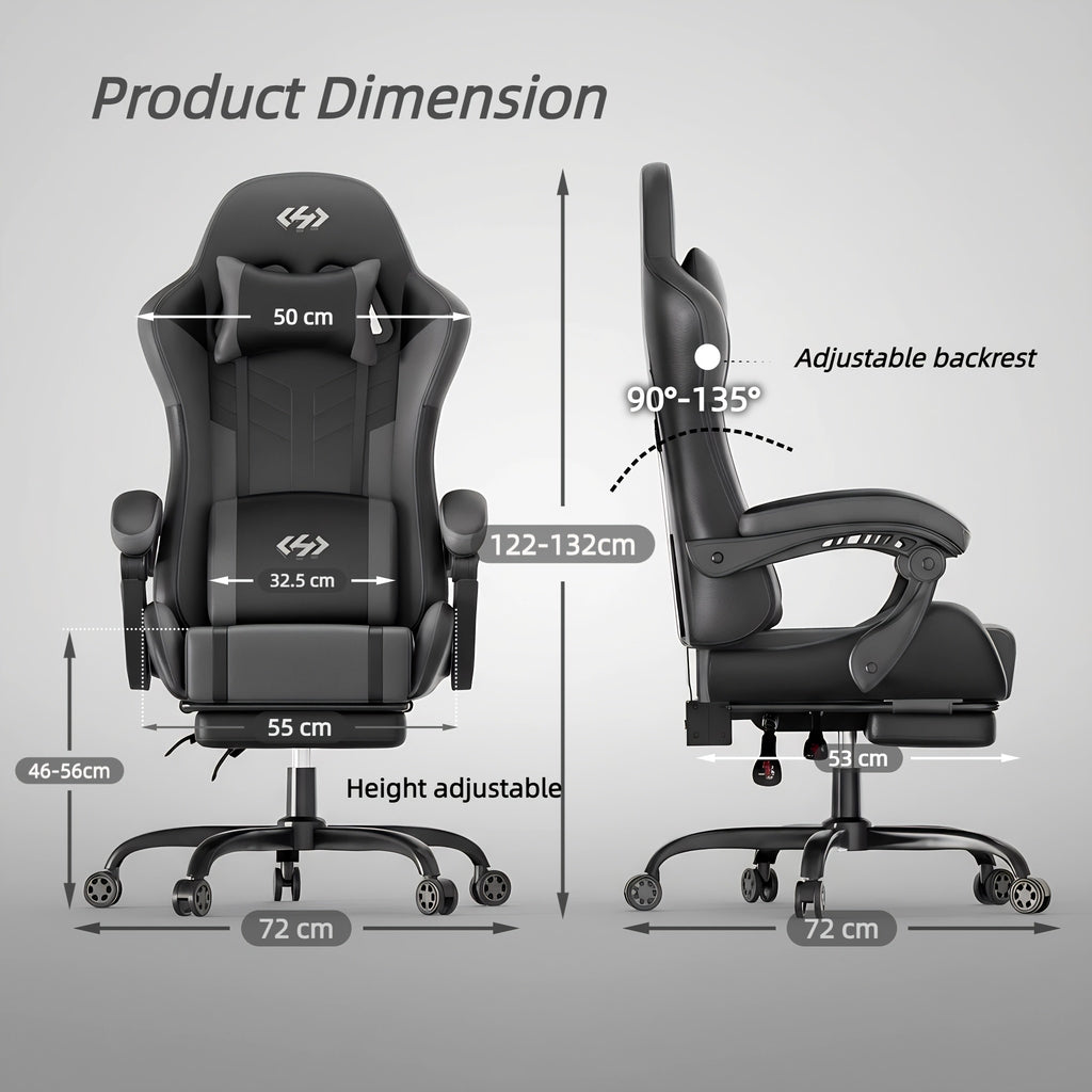 Gaming Chair with Pocket Spring Cushion, Adult Ergonomic Chair with Massage-function Lumbar Support Cushion, Height-adjustable Gaming Computer Chair, PU Leather Chair with Swivel Function, Suitable for Gaming Or Office