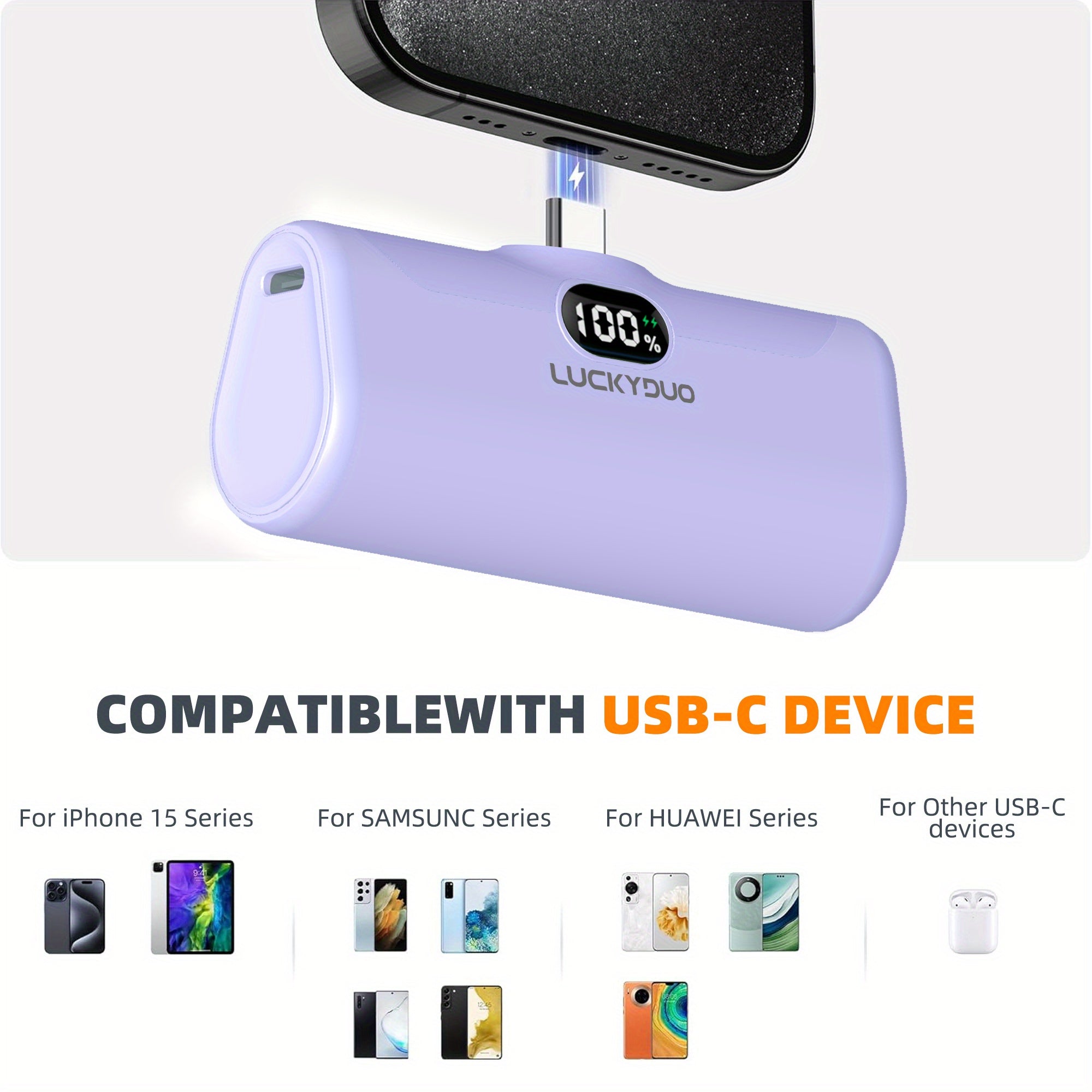 USB-C Portable Charger for Travel, 5000Mah Type-C Portable Phone Charger with Fast Charging (15W), Mini Battery Pack with Stand And LED Light for Iphone 15/16/For Samsung