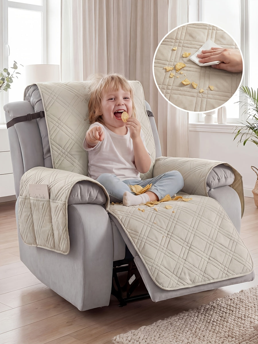 1pc High Quality Recliner Cover Sofa Cover, Quilted Sofa Recliner Cover with Pockets And Elastic Straps, Pet Scratch-Resistant Sofa Pad, Housse De Fauteuil Inclinable, Washable Furniture Protective Cover, Easy to Install, Mother's Day Home Decor.