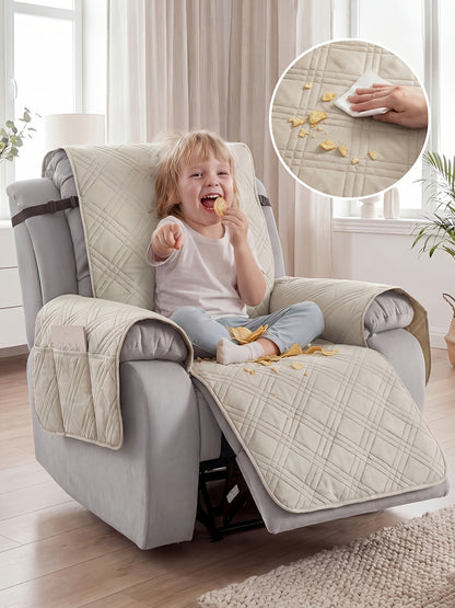 Recliner Cover Sofa Protector Quilted with Pockets & Elastic Straps, Pet Scratch-Resistant Washable Furniture Cover, Easy Install – Armchair Slipcover for Home Decor, Mother's Day Gift