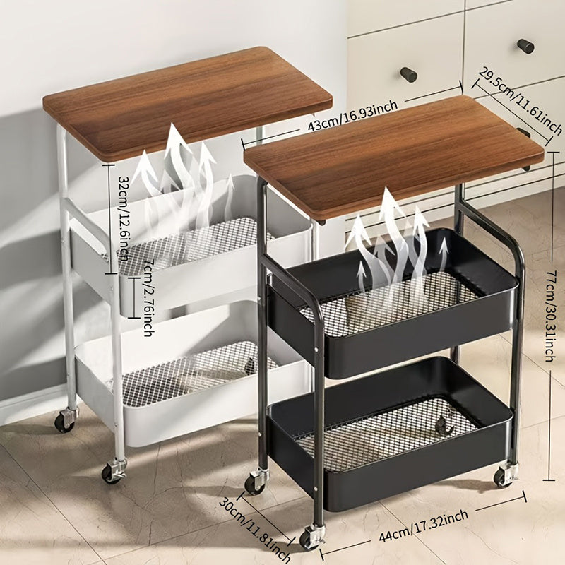Slim Wooden Top Rolling Storage Cart 3-Tier with Mesh Baskets - Powder-Coated Metal Frame, Wheels, Space-Saving Design for Kitchen Office Bathroom, Black or White Canada