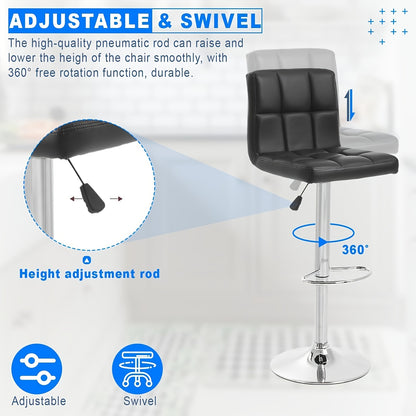 Adjustable Swivel Bar Stools Set of 2 with Back Support - Hydraulic Height PU Leather Armless Bar Chairs, Galvanized Steel Frame, Modern Kitchen Counter & Living Room Seating