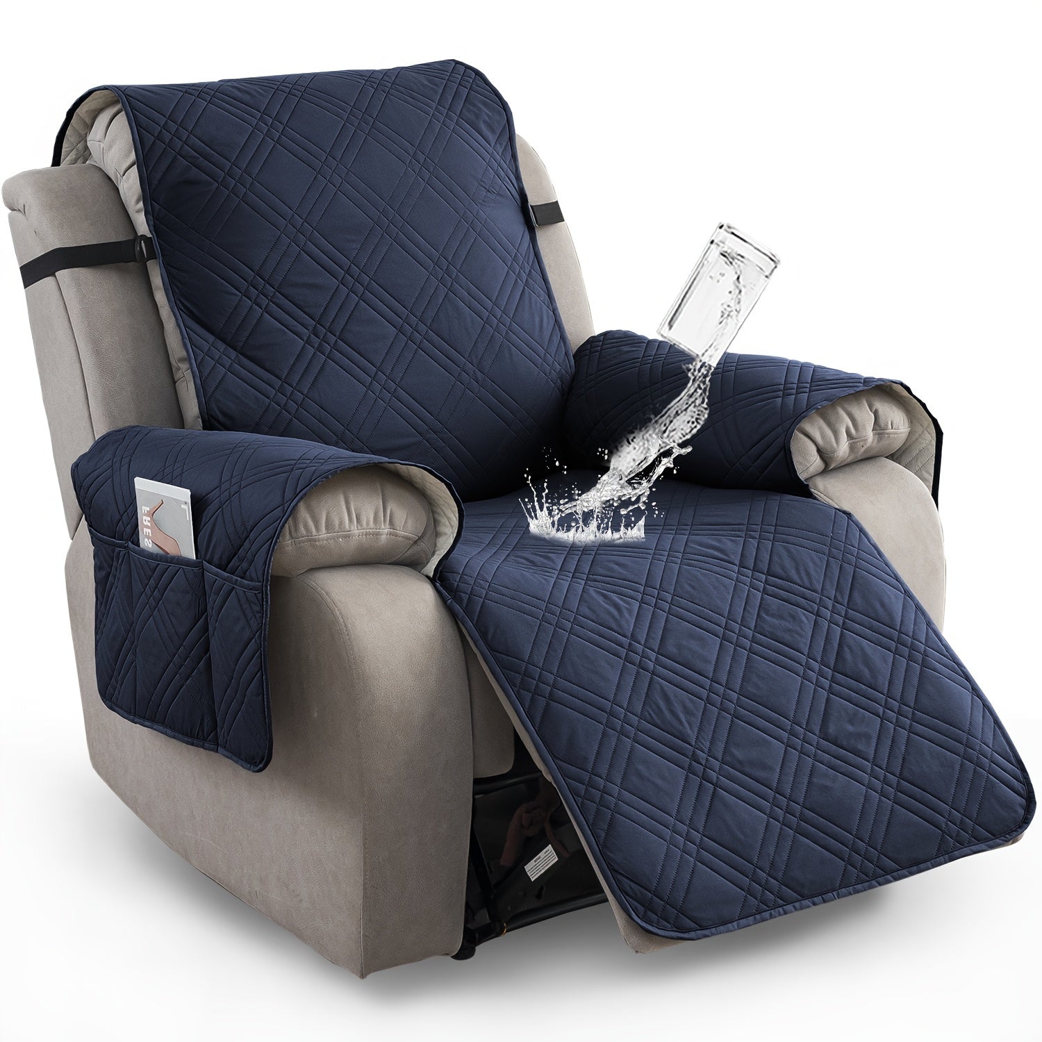 Waterproof Recliner Chair Cover Non-Slip Slipcover with Pocket – 5-Layer Quilted Furniture Protector for Pets, Washable, Easy Install, Elastic Straps – 9 Colours Including Black, Grey & Beige