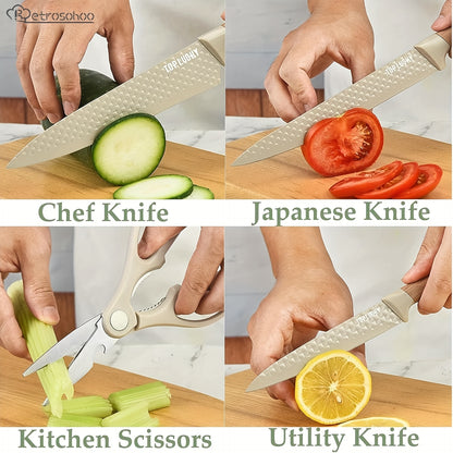 Professional Chef Knife Set 6-Piece with Wooden Handles – Ultra-Sharp Rust-Proof Stainless Steel Kitchen Knives with Cleaver, Paring, Utility Knife, Scissors & Peeler