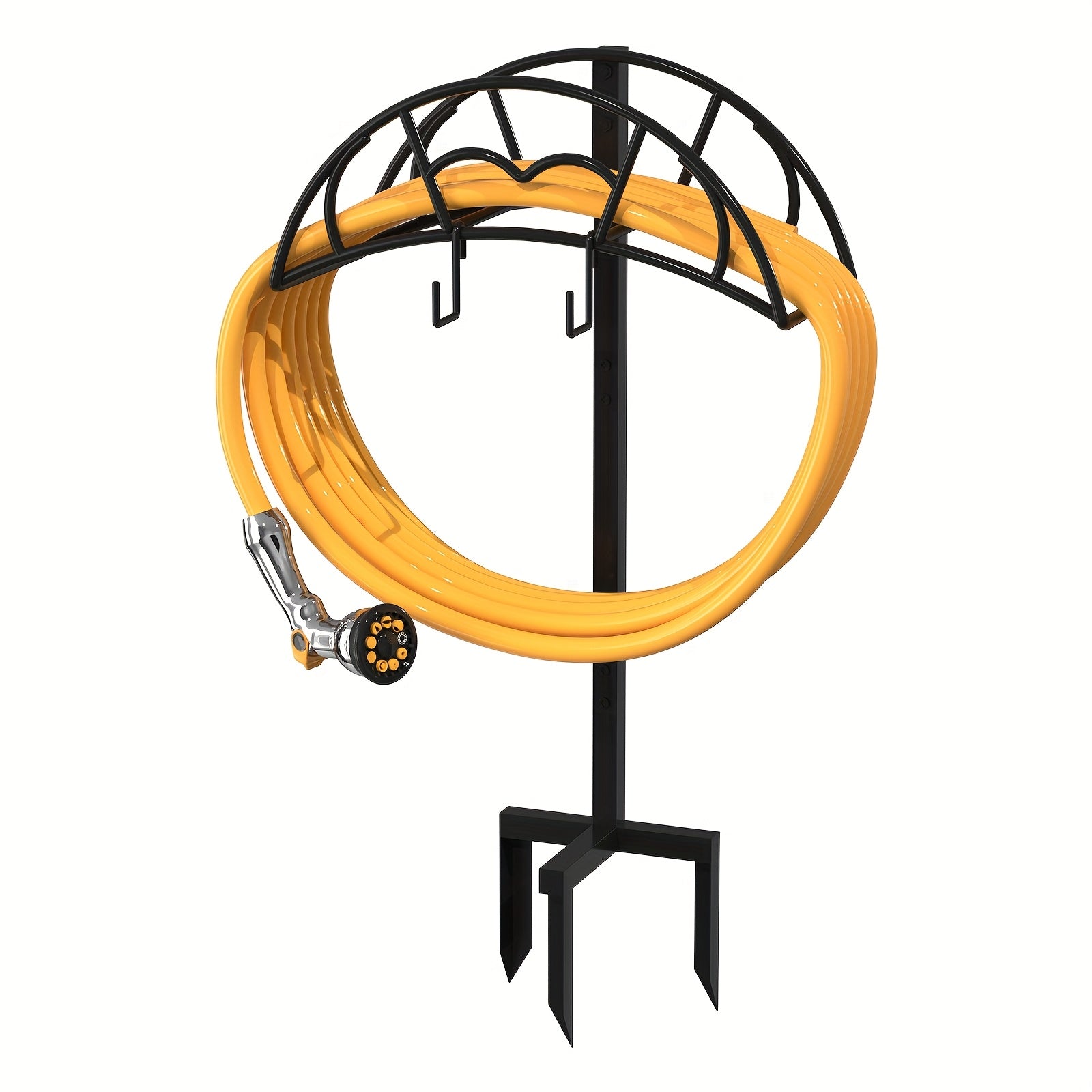 Heavy Duty Metal Hose Stand Freestanding Garden Hose Holder with 4 Ground Spikes, Dual Support Poles & Extra Hooks – Detachable Outdoor Water Hose Reel Rack Holds 150 ft, Rust-Resistant Powder Coat, Black