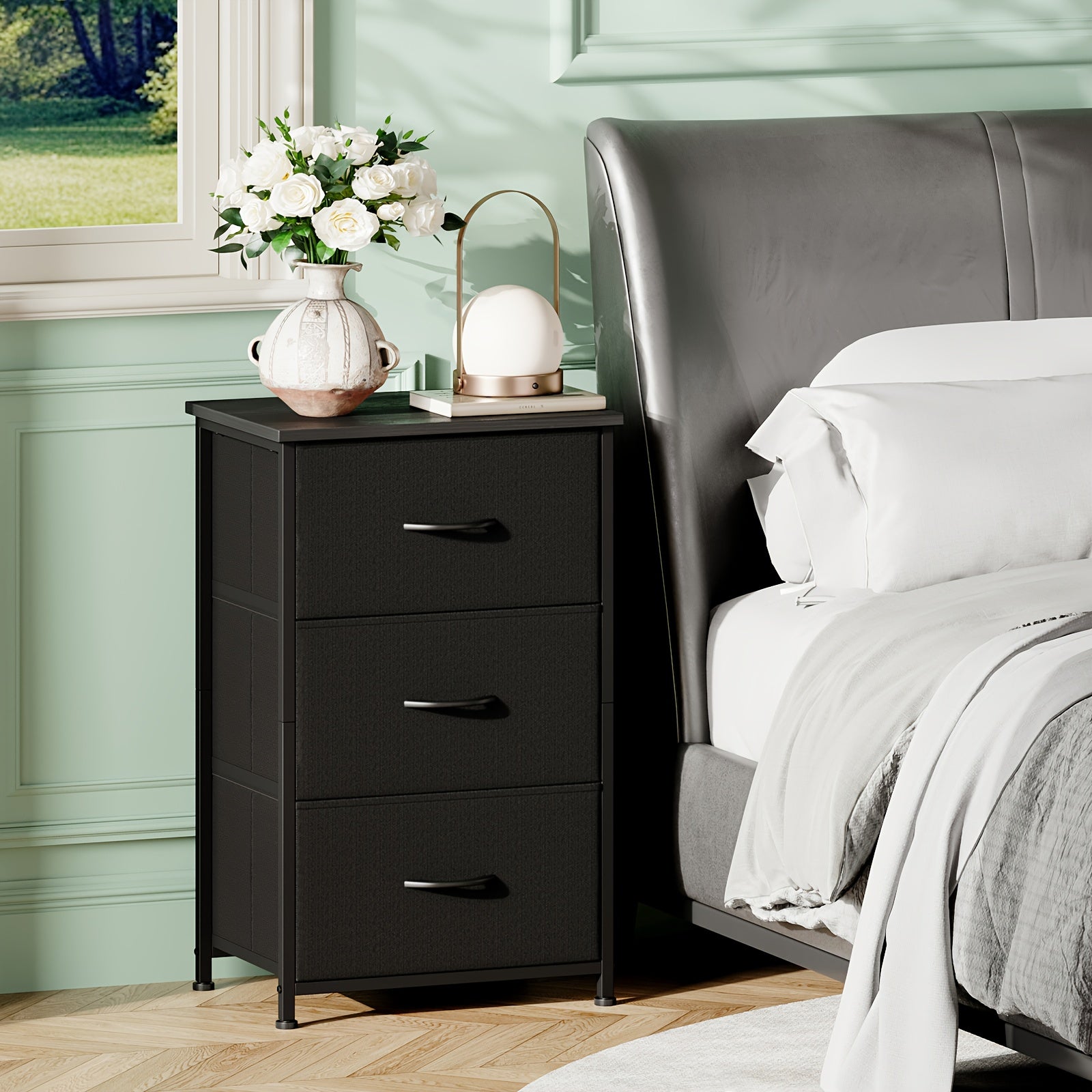 3-Drawer Nightstand with Fabric Bins – Bedside Table End Table Dresser for Bedroom Closet Dorm, Storage Drawer Unit with Fabric Organizer Bins