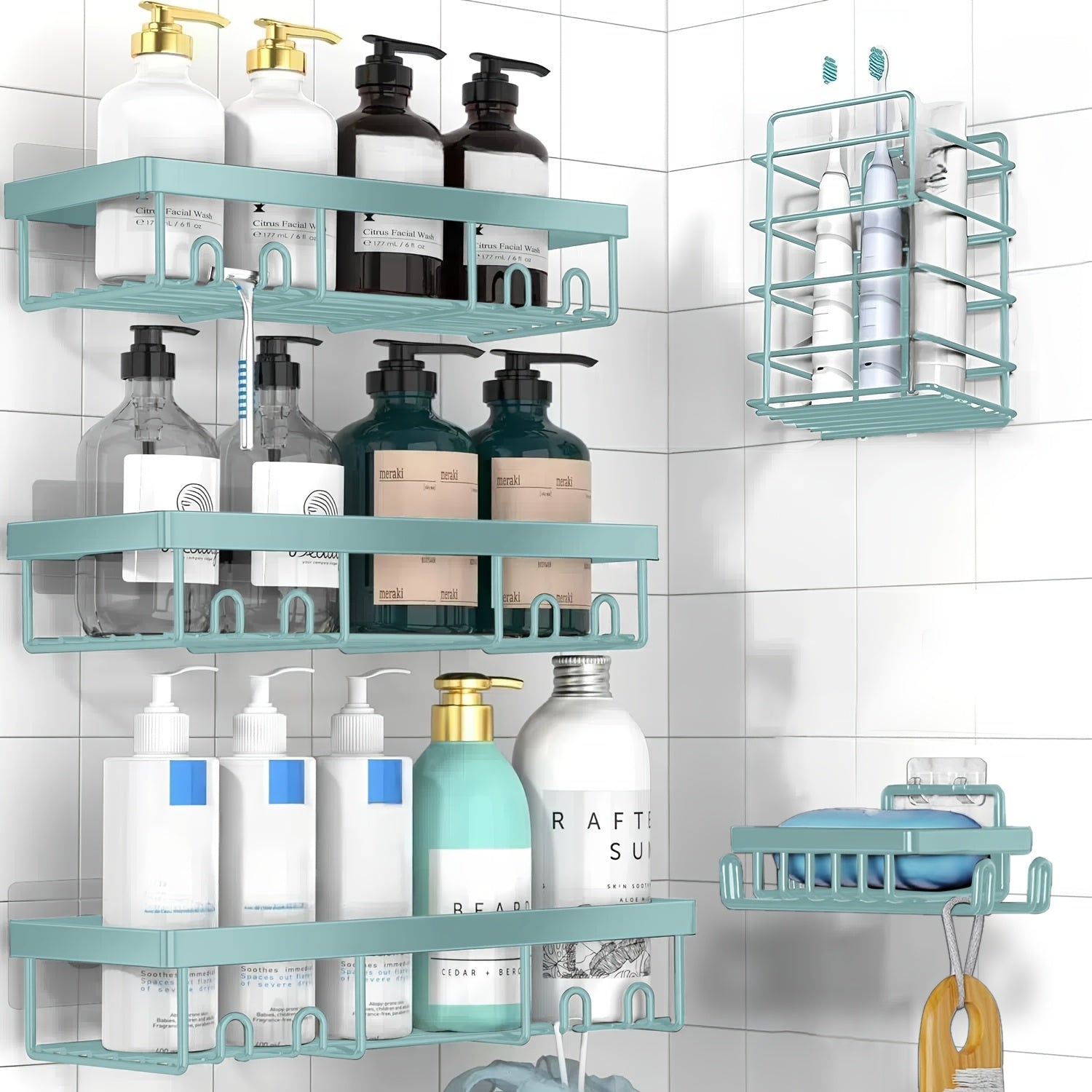 Stainless Steel Shower Caddy 5-Piece Set – Wall Mounted Adhesive Bathroom Organizer with Soap Dish & Toothbrush Holder | No-Drill Shower Shelf Rack for Inside Shower | 9 Colours | ShopVora CA