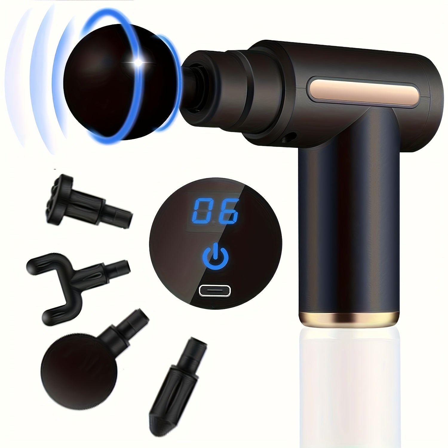 Compact Massage Device Featuring an LED Display - Rechargeable Muscle Soother, Comes with 4 Interchangeable Attachments, Powered by a 1200Mah Lithium Battery, Designed in Black And Golden, Ideal for Home And Travel