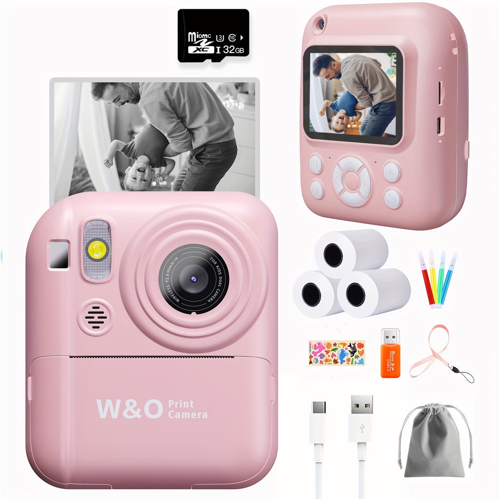 Camera Paper/Instant Camera, Portable Instant Photo Camera with 32GB SD Card, 3 Rolls & Card Reader - Compact USB Rechargeable Camera for Youngsters, Travel, Outdoor Adventures (Pink/Blue), Portable Camera,Perfect Gift for Halloween/Christmas