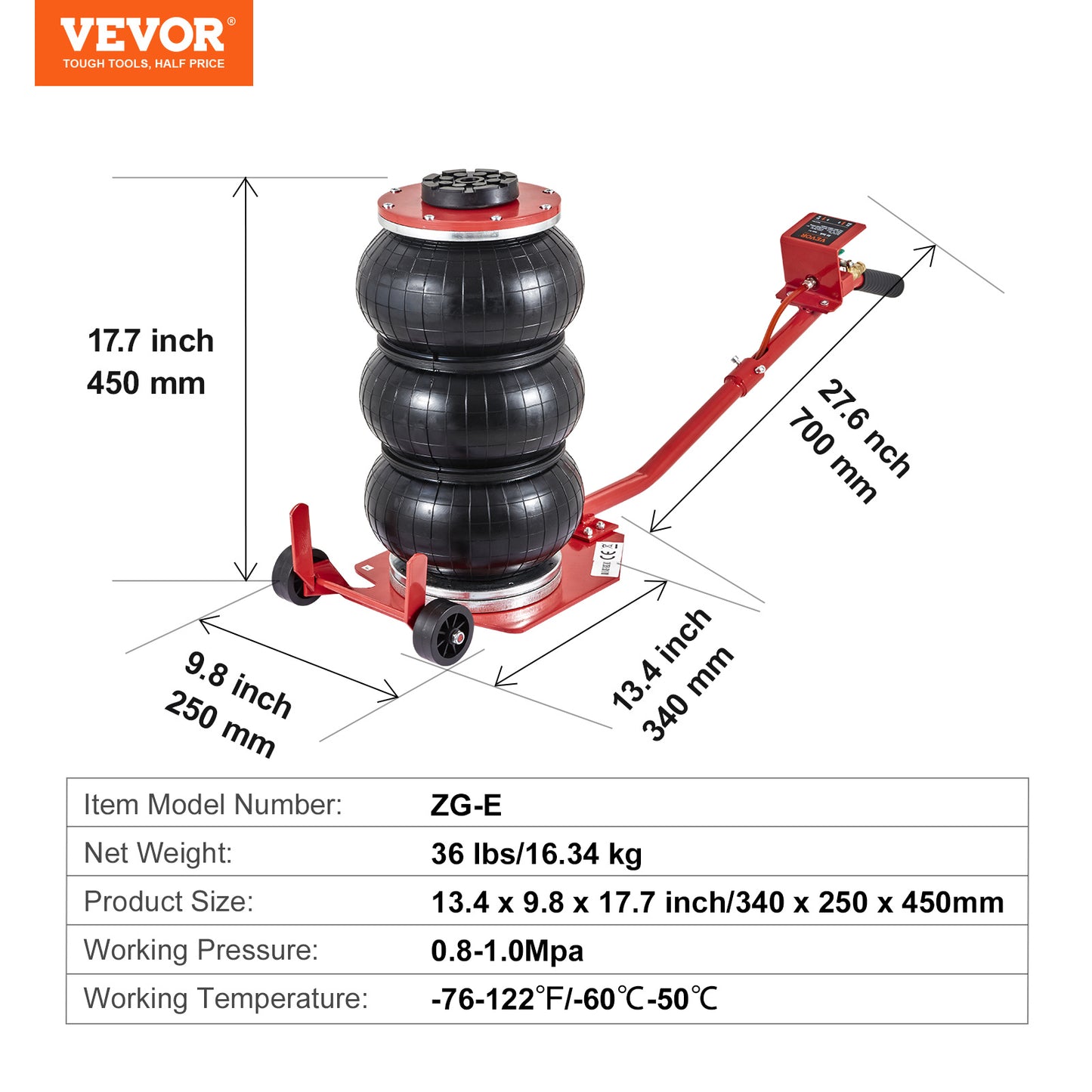 3 Ton Pneumatic Air Jack 6600 lbs Triple Bag Airbag Jack, 5.5"-17.7" Lift Range, 3-5 Second Fast Lift, Six Steel Pipes, Adjustable Handle – VEVOR Car & Garage Jack