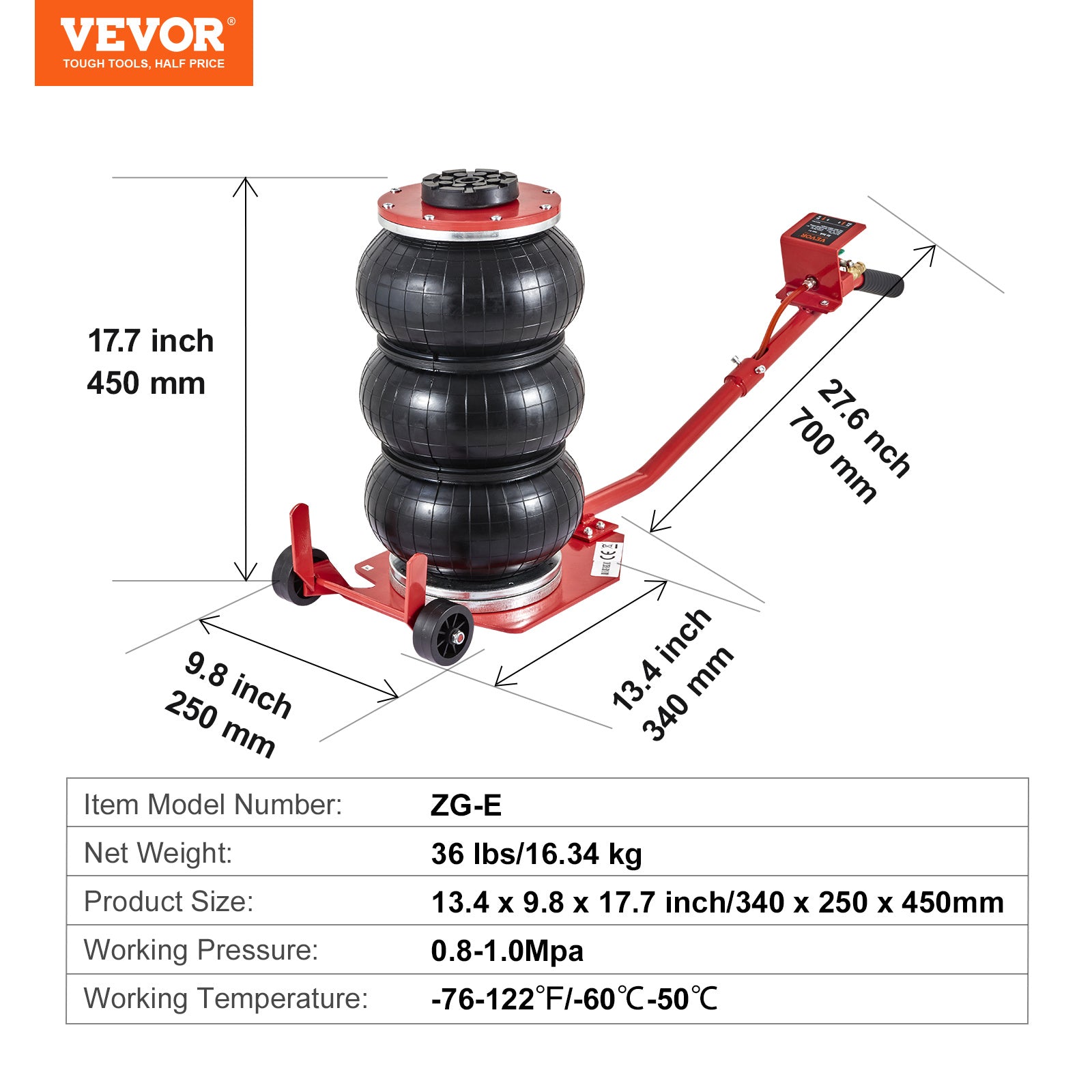 VEVOR Air Jack, 3 Ton/6600 lbs Triple Bag Air Jack, Airbag Jack with Six Steel Pipes, Lift up to 17.7", 3-5 s Fast Lifting Pneumatic Jack, with Adjustable/Nonadjustable Long Handles for Cars, Garages, Repair (Blue/Red)