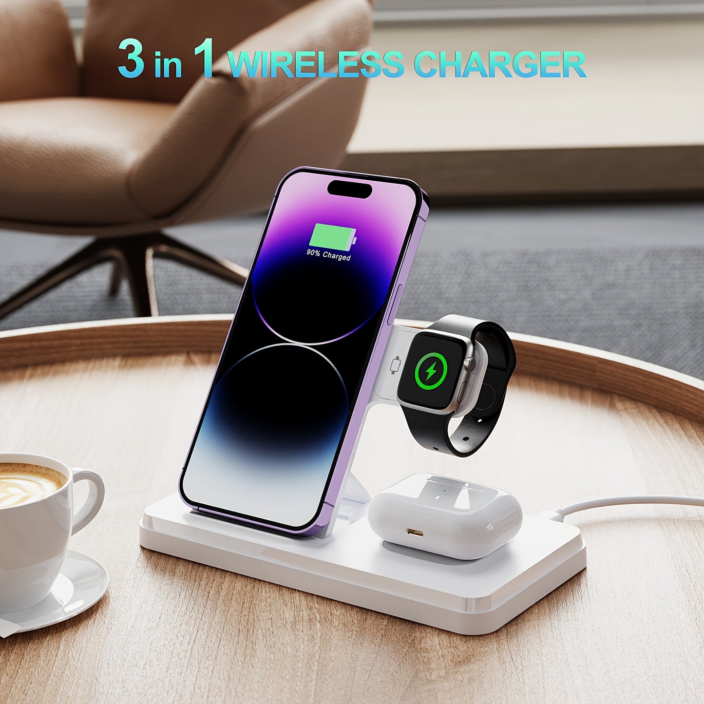 Apple Ecosystem 3-in-1 Wireless Charging Station for iPhone 17 16 15 14 13 12 & iWatch 10 9 8 7 SE & AirPods 4 3 2 Pro – Anti-Slip Fast Charging Dock, Space-Saving All-in-One Charger Stand for Bedroom Office Travel