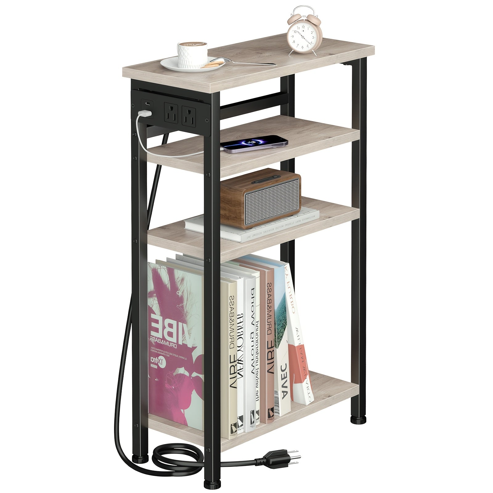Narrow Side Table with Charging Station – 3 or 4 Tier, 2 USB + 2 Outlets, Small Space