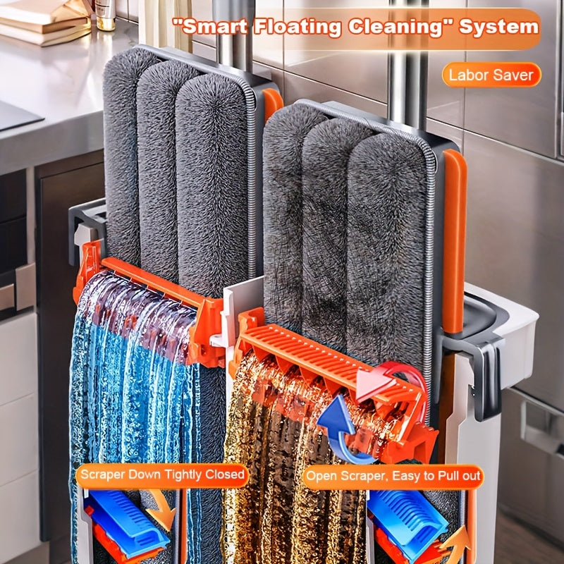Flat Mop and Bucket with Wringer Set Hands-Free, Dual Compartment Wet Dry Separation Floor Cleaning System, 360° Rotating Head, 2 Reusable Microfiber Pads for All Floor Types Windows Walls