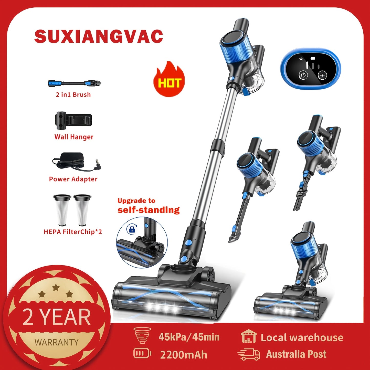 Anti-Tangle Cordless Stick Vacuum Cleaner 8-in-1 Blue – Lightweight, 3 Suction Modes, LED Display, Powerful Suction for Home Hard Floor Carpet Pet Hair | Canada