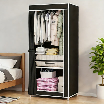 Freestanding Fabric Wardrobe Closet 170x128cm – Non-Woven Portable Clothes Organizer with 6 Shelves, 2 Hanging Sections & 4 Side Pockets, Dustproof Bedroom & Living Room Storage