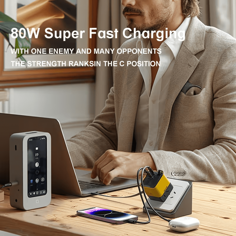 Latest Gan Technology: 80W 3-Port Quick Charger with Retractable Cable - Extremely Compact - Cool to The Touch - PD/QC 3.0 Compatible with Iphone 17/16/15/14/13/12/11, And Ipad