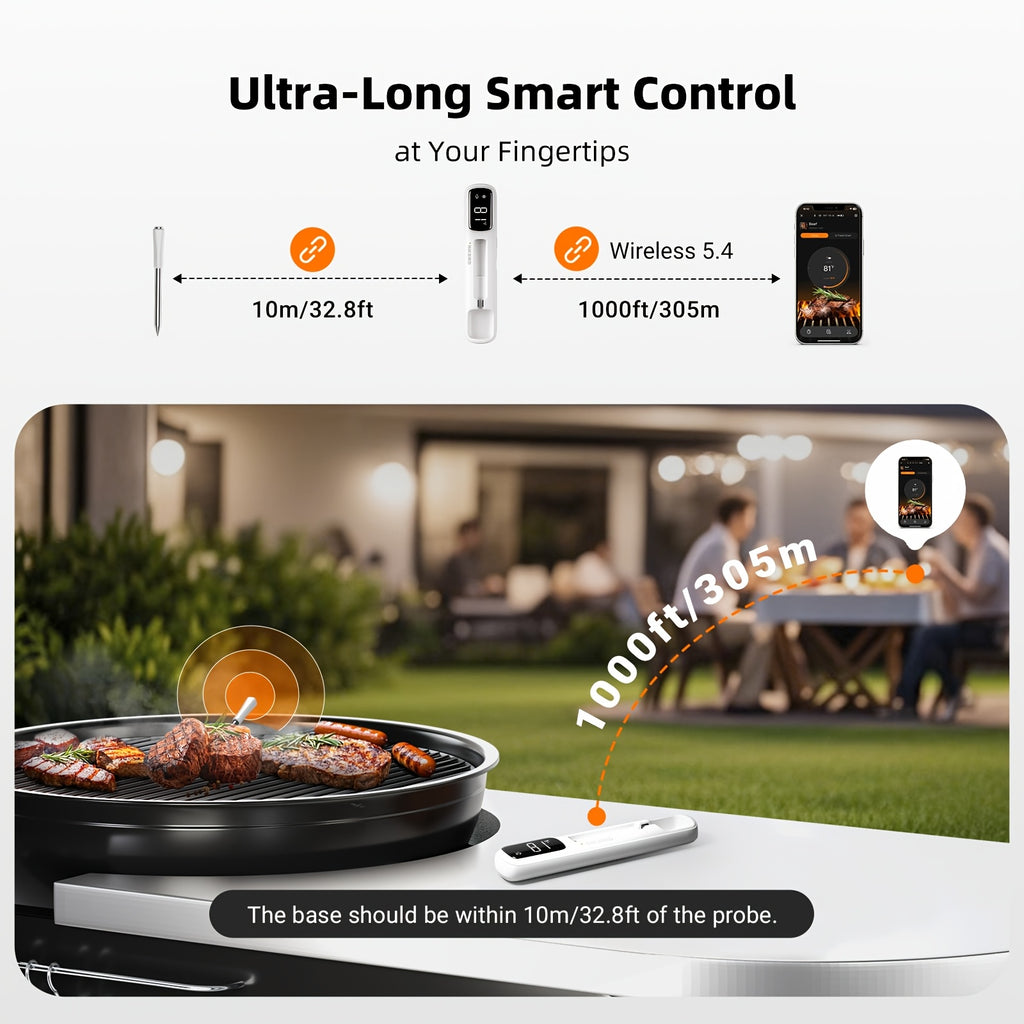 1pc/2pcs 328Ft/100M Wifi Wireless Meat Thermometer, BBQ Thermometer with 2 Sizes Food Grade Stainless Steel Probes, 28 Meat Menus, WIFI Unlimited Range, Temperature Alarms, Timer, Readable HD LCD Display, for BBQ Cooking, Christmas Gifts