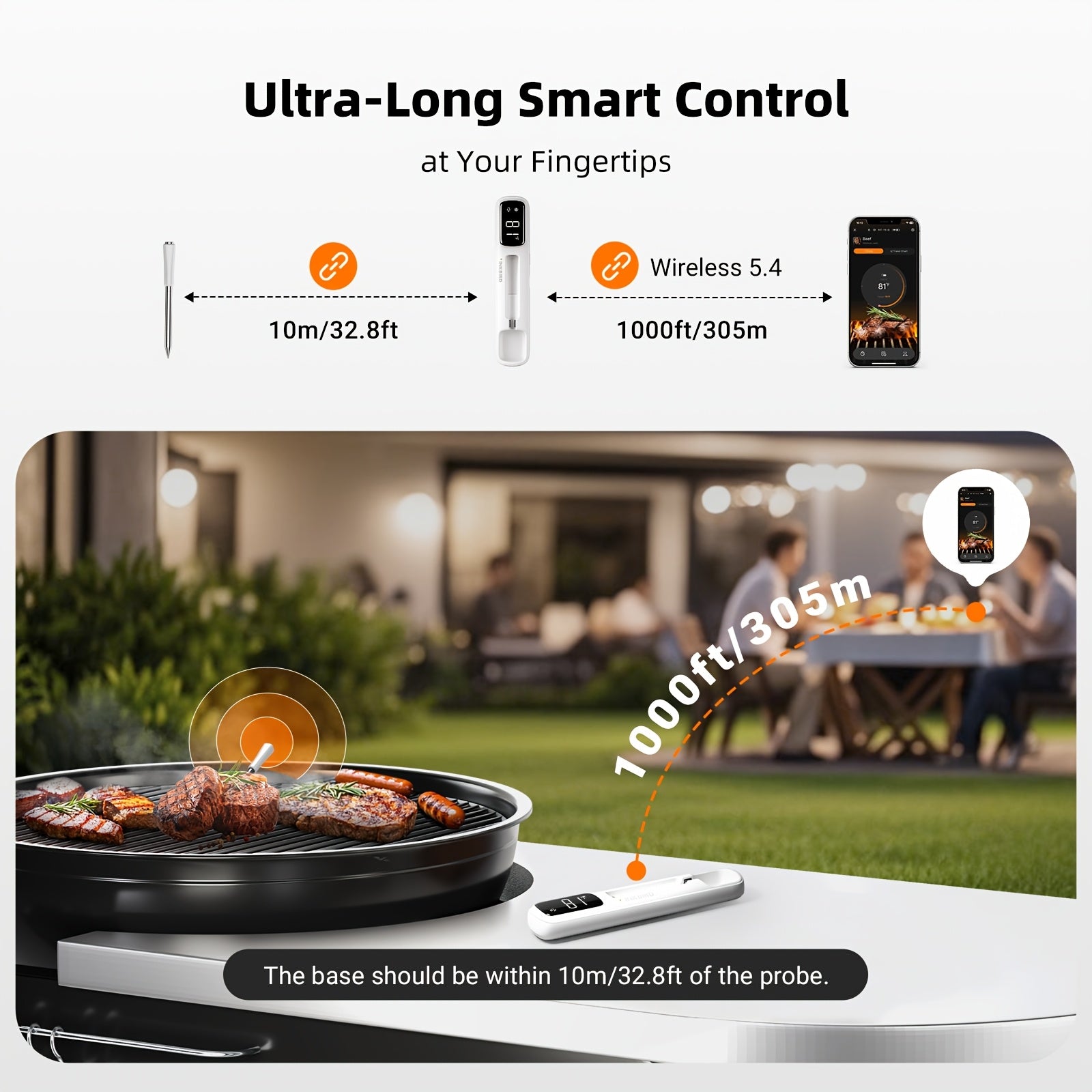 1pc/2pcs 328Ft/100M Wifi Wireless Meat Thermometer, BBQ Thermometer with 2 Sizes Food Grade Stainless Steel Probes, 28 Meat Menus, WIFI Unlimited Range, Temperature Alarms, Timer, Readable HD LCD Display, for BBQ Cooking, Christmas Gifts