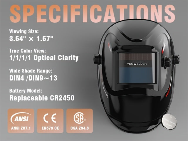 YESWELDER Solar-Powered Welding Helmet with True Color Auto Darkening, Wide Shade Range 4/9-13 for TIG, MIG, And ARC Welding, Model LYG-L500A