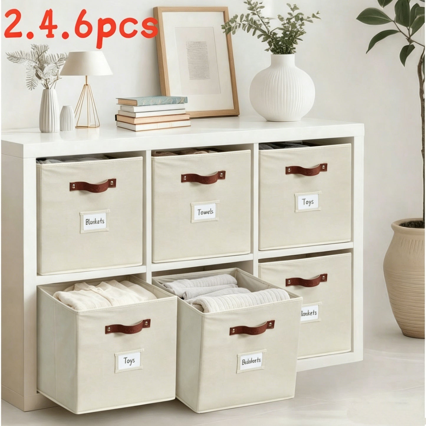 Foldable Storage Baskets with Labels 13x15x13 in, 11 lb Capacity, Set of 2/4/6 – Fabric Cube Bins for Kallax Shelves, Closet, Bedroom, Office Organization, Beige