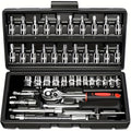 A Mechanical Tool Set Including a Ratchet Handle, Extension Bar, Universal Joint, Slide Bar, SAE and Metric Sockets, Hex Keys, and a Basic Automotive Repair Manual Tool Kit with a Plastic Toolbox. Battery Not Included. Unpowered Manual Tool Set