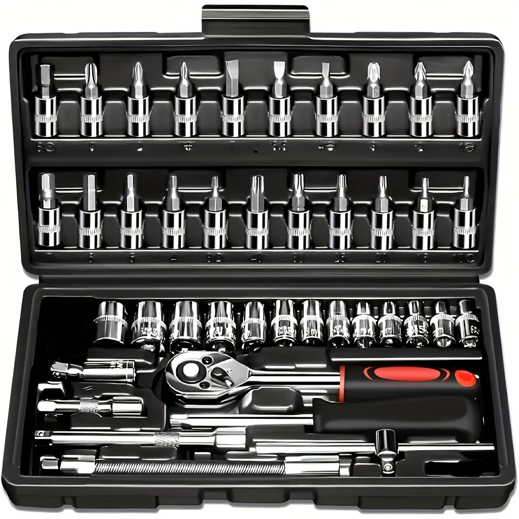 Mechanical Tool Set with Plastic Toolbox – Ratchet Handle, SAE & Metric Sockets, Extension Bar, Universal Joint, Slide Bar & Hex Keys | Manual Automotive Repair Kit | ShopVora CA