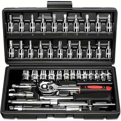 Mechanical Tool Set with Plastic Toolbox – Ratchet Handle, SAE & Metric Sockets, Extension Bar, Universal Joint, Slide Bar & Hex Keys | Manual Automotive Repair Kit | ShopVora CA
