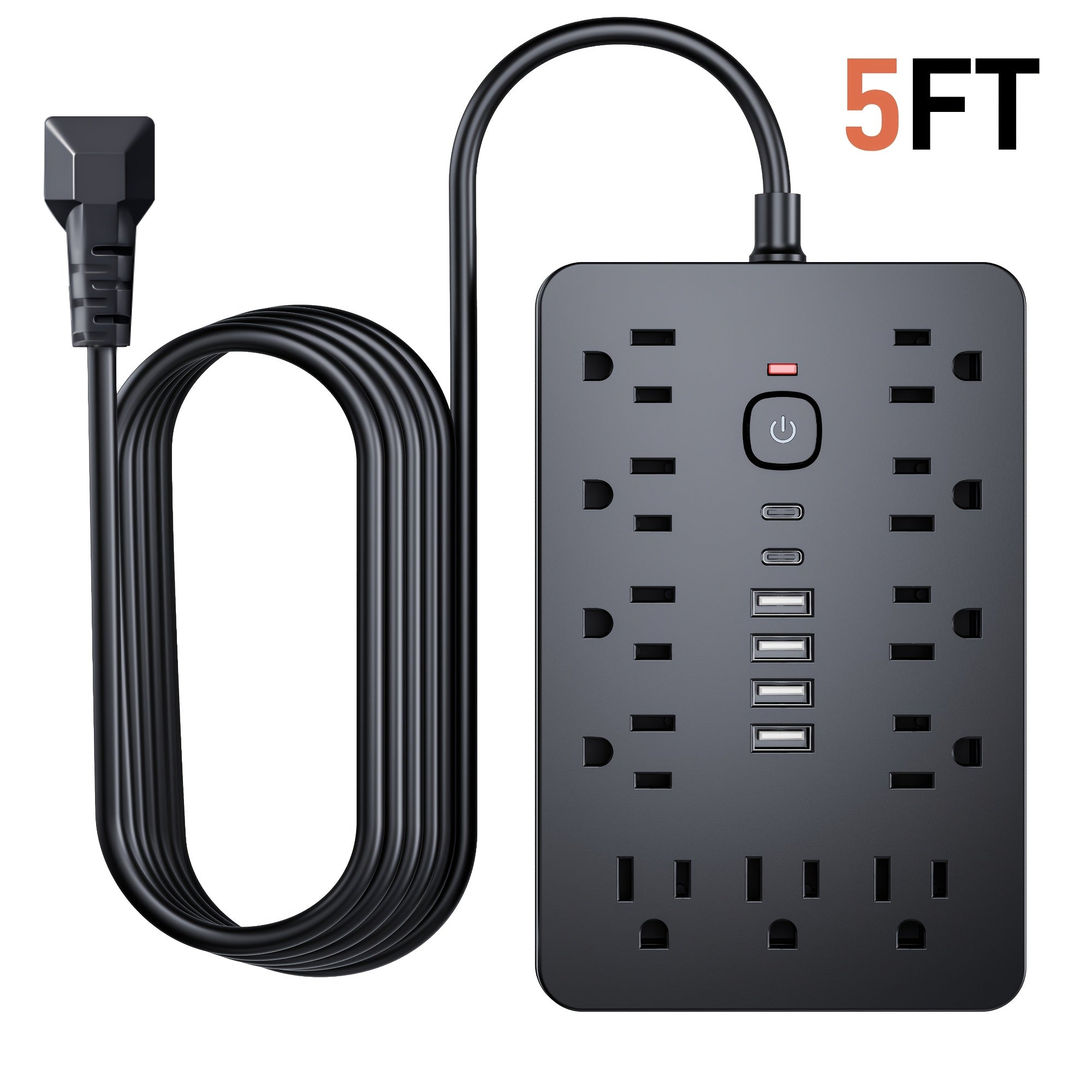17-in-1 Power Strip Surge Protector, 11 AC Outlets & 6 USB Ports (2 USB-C), On/Off Switch, 5ft & 10ft Extension Cord – Ideal for Office, Kitchen, Dorm, Travel – Black & White
