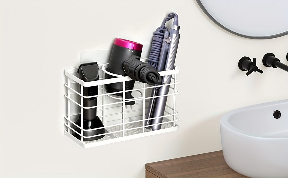 Wall-Mounted Hair Dryer Holder 3-in-1 Bathroom Organizer – Over Door & Wall Mount, Adjustable Height, Holds Dryer Curling Iron Straightener, Black