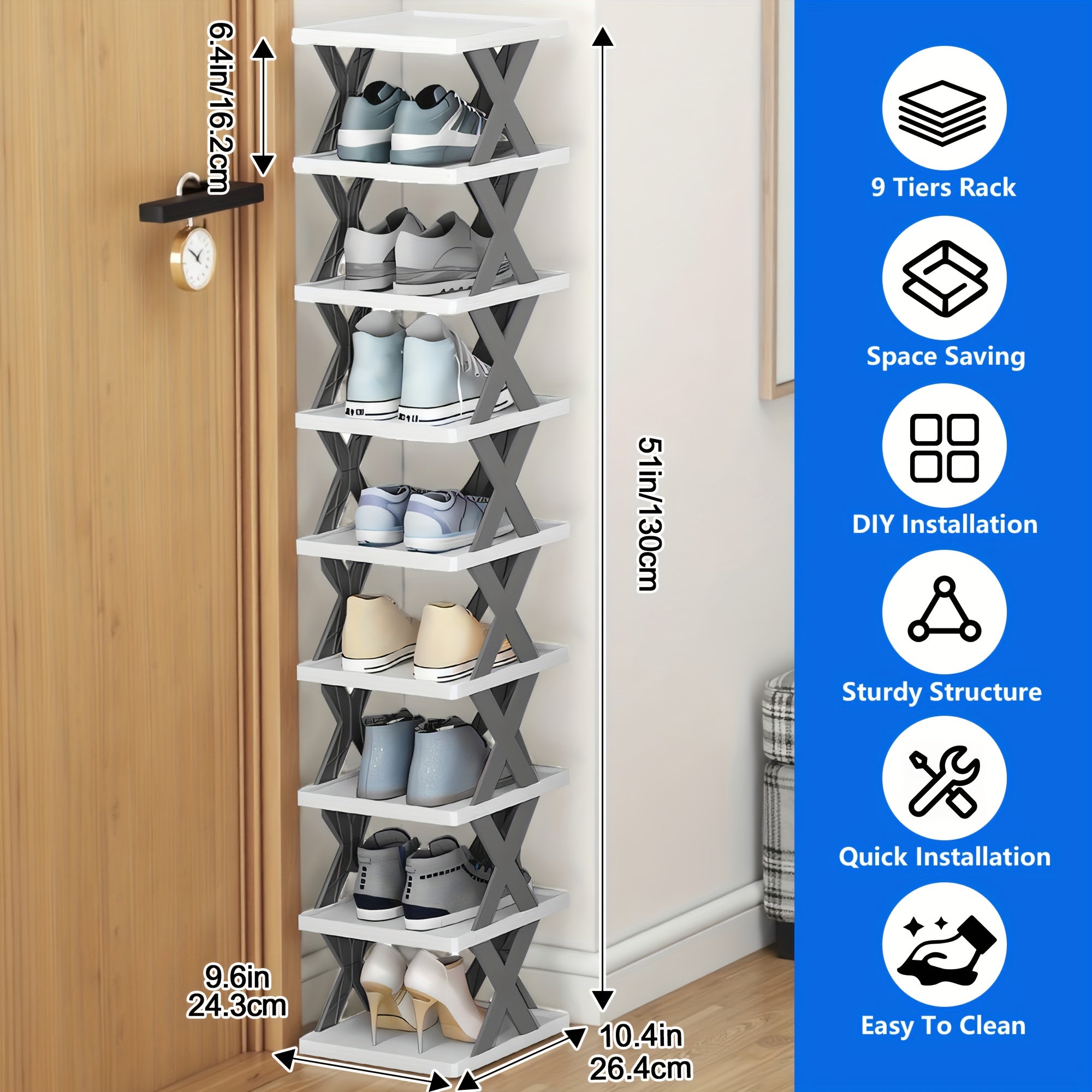 Narrow Shoe Rack 6-9 Tiers Adjustable for Entryway, Hallway & Closet – Space-Saving Foyer Shoe Organizer Holds 9+ Pairs, Multi-Color Options Black White Gray Blue Green, Bedroom & Living Room Storage