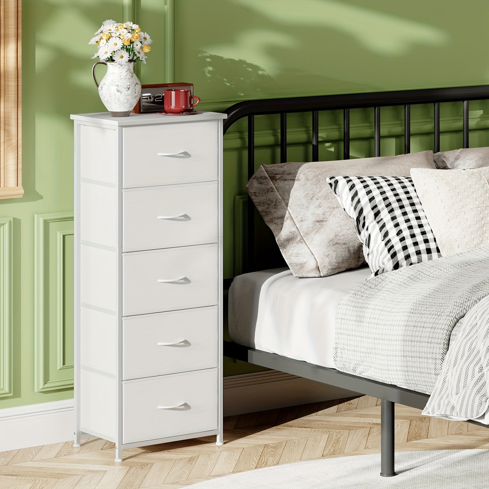 EUNOS Tall Dresser for Bedroom with 5 Drawers, Storage Chest Of Drawers with Removable Fabric Bins for Closet Bedside Laundry Living Room Entryway Hallway