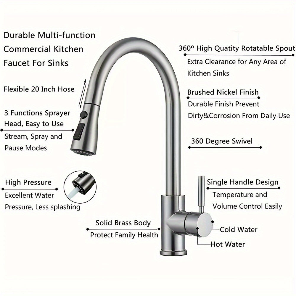 1pc Kitchen Faucet with Pull Down Sprayer, Brushed Nickel High Arc Single Handle Kitchen Sink Faucet Pull Out Spray, Commercial Modern RV Faucets Matte Black