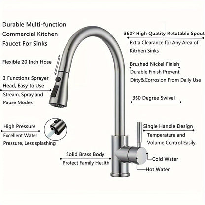 Kitchen Faucet with Pull Down Sprayer High Arc Single Handle – Brushed Nickel, Matte Black & Brushed Gold Finish, Commercial Modern Kitchen Sink Faucet for RV & Home