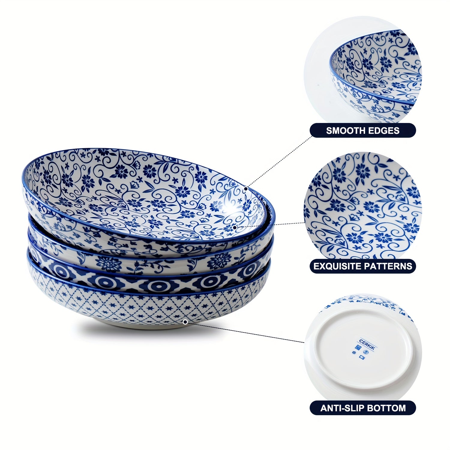 4pcs, Ceramic Pasta Bowls Set, 32 OZ Porcelain Serving Soup Cereal Bowls 8.5 Inch Wide And Shallow Salad Dinner Bowls, Microwave Dishwasher Oven Safe, Valentine'S Day, Christmas, Parties, Wedding, Housewarming, Kitchen Must Haves, Vintage Blue