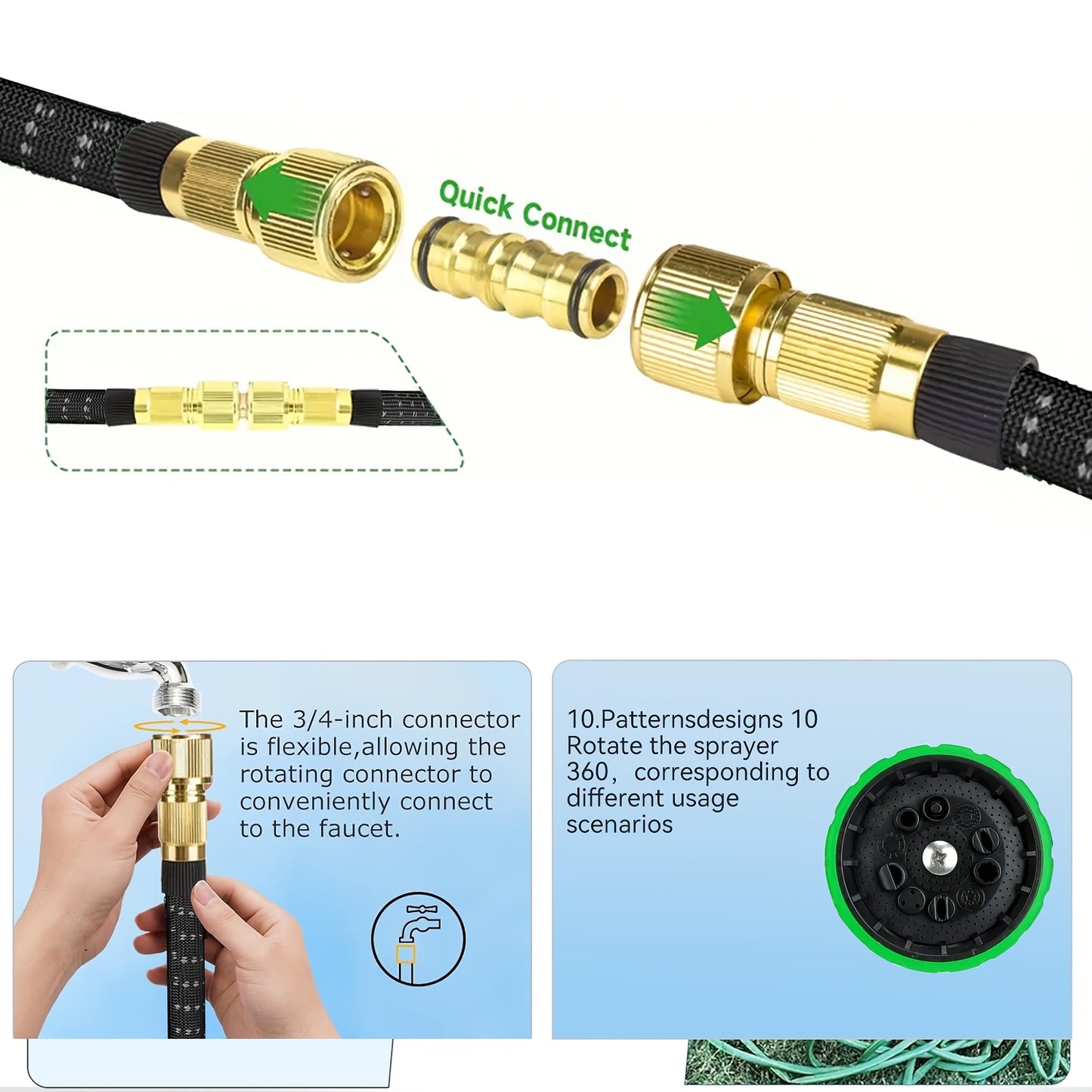 Heavy Duty Garden Hose Anti-Tangle Flexible with 10-Mode Nozzle – 3/4" Solid Brass Fittings Leak-Proof Rotary Connector, 50ft or 100ft Outdoor Watering Hose Set