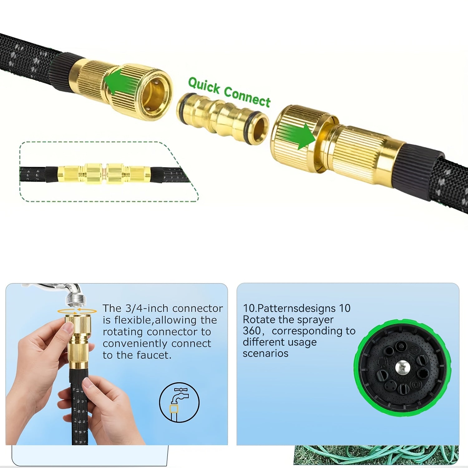 Heavy Duty Garden Hose, Anti-Entanglement Flexible Hose, with 10 Modes Nozzles, 3/4 Inch Solid Brass Fittings, Leak-Proof Design, Rotary Connector, Suitable for Courtyard, Outdoor, Watering, Cleaning, Gardening, Forestry, 50/100 Foot Hose Set