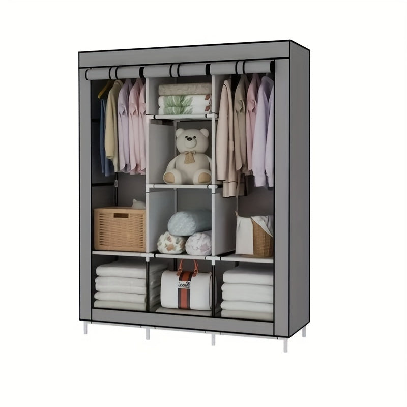 Non-Woven Fabric Wardrobe Closet with 6 Shelves, 2 Hanging Sections & 4 Side Pockets – Dustproof Portable Clothes Organizer 170x128x45CM / 148x56x44CM for Bedroom