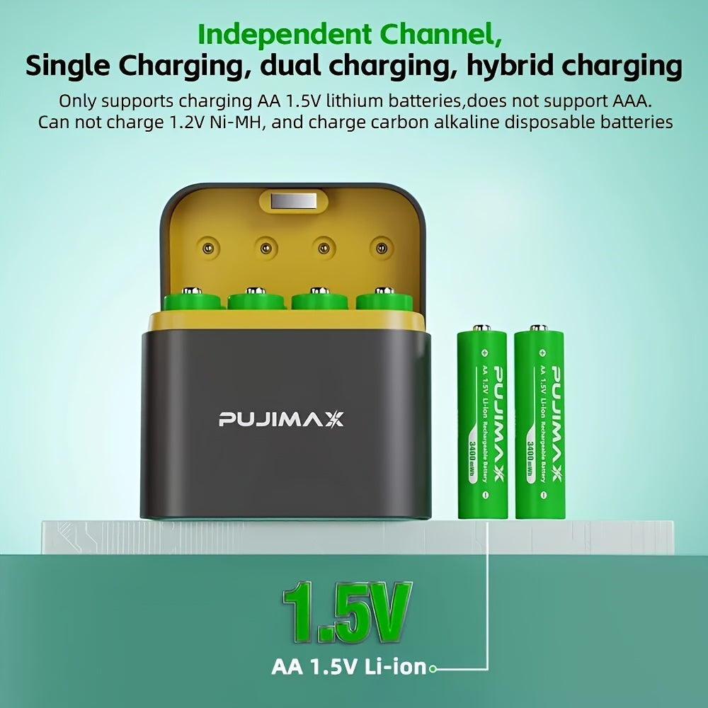 PUJIMAX 1.5V AA Rechargeable Lithium Battery with Fast Charger Box, 8pcs 3400mWh High Performance Lithium Battery, Easy Storage And Quick Charging, Quick Charging Solution, Long Lasting Rechargeable AA Lithium Ion Battery And All-in-One Charging Box